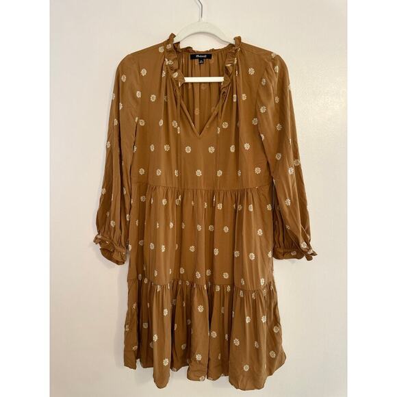 Madewell Womens V-Neck Long Sleeve Ruffle Tiered Western Boho Mini Dress Size XS - Picture 2 of 9
